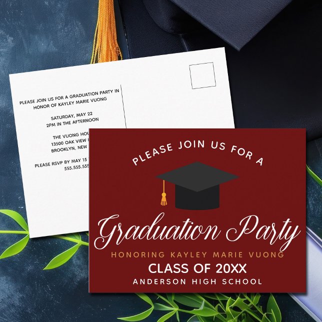 Maroon Gold HIgh School Graduation Custom Party Postcard (Creator Uploaded)