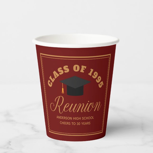 Maroon Gold High School Reunion Personalized Party Paper Cups (Front)
