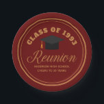 Maroon Gold High School Reunion Personalized Party Paper Plates<br><div class="desc">A classy custom class reunion party paper plate in chic maroon and gold for a high school,  college,  or university. Customize with your school name and graduating class under the elegant calligraphy for great personalized alumni celebration decor.</div>