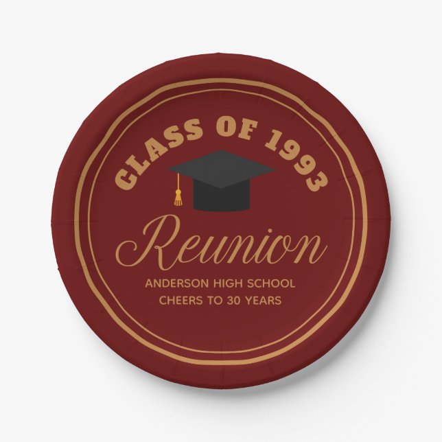 Maroon Gold High School Reunion Personalized Party Paper Plates (Front)