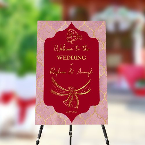 Maroon gold Hindu wedding welcome sign Ganesha