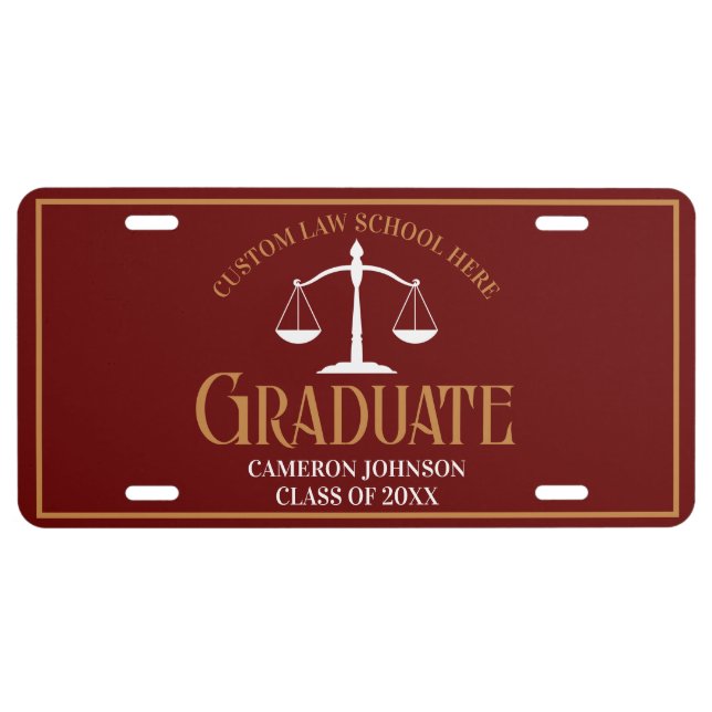 Maroon Gold Law School Graduate License Plate (Front)