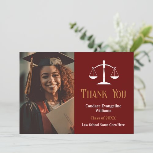 Maroon Gold Law School Graduate Photo Thank You Card