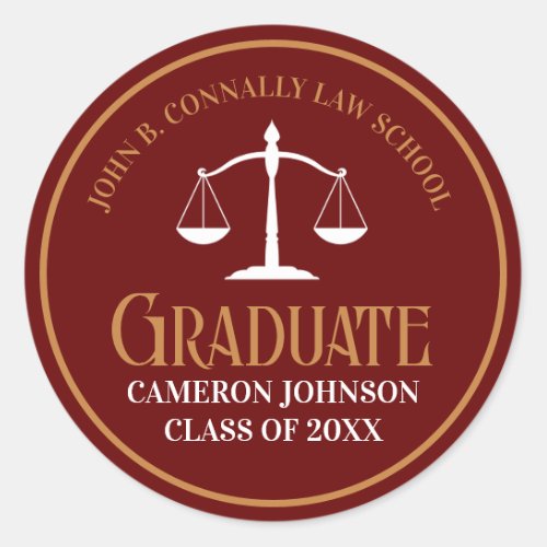Maroon Gold Law School Graduation Party Classic Round Sticker