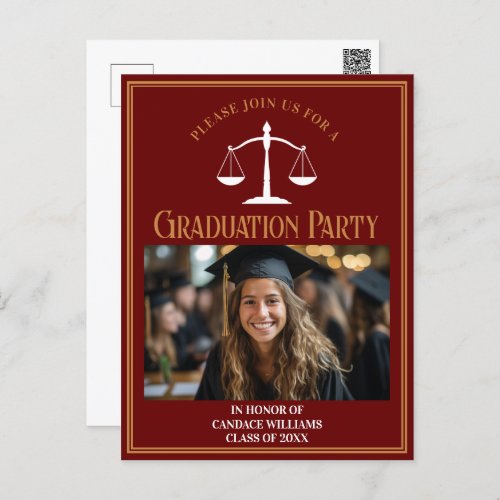 Maroon Gold Law School Graduation Party Invitation Postcard