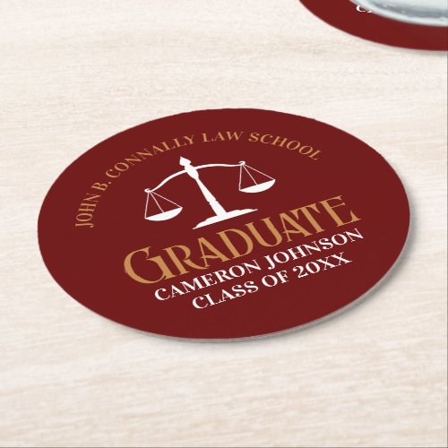 Maroon Gold Law School Graduation Party Round Paper Coaster