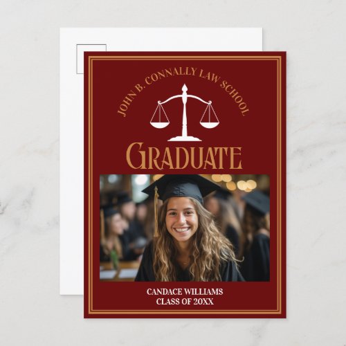 Maroon Gold Law School Graduation Photo Announcement Postcard
