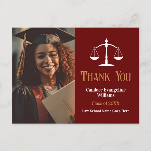 Maroon Gold Law School Graduation Photo Thank You Postcard
