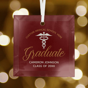 Maroon Gold Medical School Graduation Gift Glass Ornament