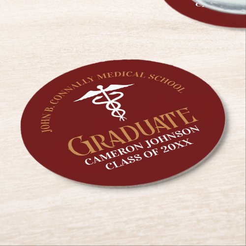 Maroon Gold Medical School Graduation Party Round Paper Coaster