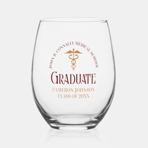 Maroon Gold Medical School Graduation Party Stemless Wine Glass