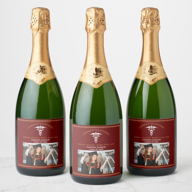 Maroon Gold Medical School Photo Graduation Party Sparkling Wine Label (Bottles)