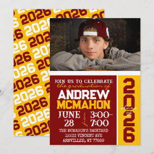 Maroon & Gold Modern Graduation Photo Invitation