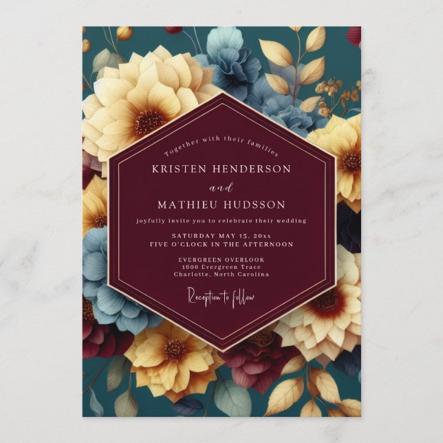 Maroon & Gold Opulent Floral Wedding Invitation (Front)