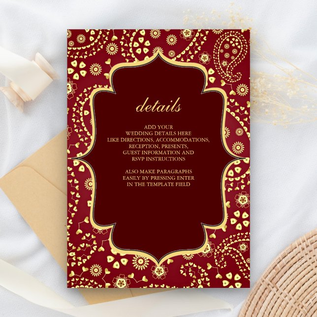 Maroon Gold Paisley Bollywood Style Indian Wedding Enclosure Card (Creator Uploaded)