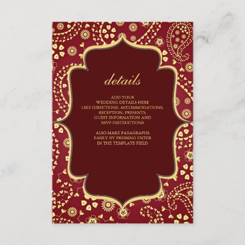 Maroon Gold Paisley Bollywood Style Indian Wedding Enclosure Card