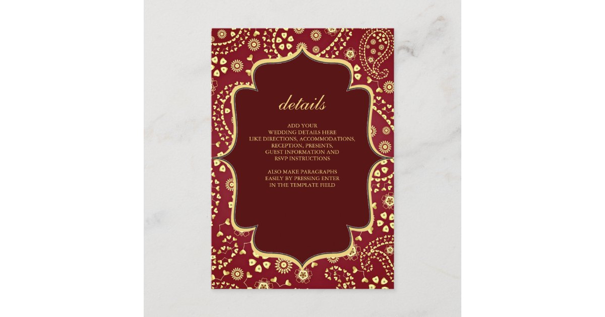 Maroon Gold Paisley Bollywood Style Indian Wedding Enclosure Card Zazzle