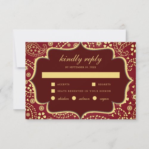 Maroon Gold Paisley Bollywood Style Indian Wedding RSVP Card