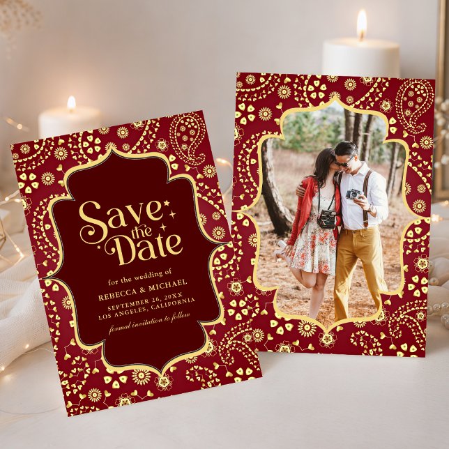 Maroon Gold Paisley Bollywood Style Indian Wedding Save The Date (Creator Uploaded)