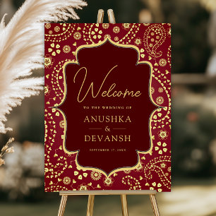 Maroon Gold Paisley Indian Wedding Welcome Sign