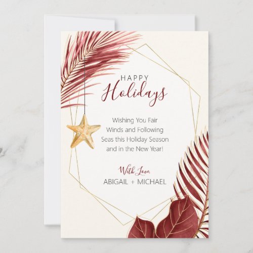 Maroon  Gold Palm Tree Tropical Beach Christmas H Holiday Card