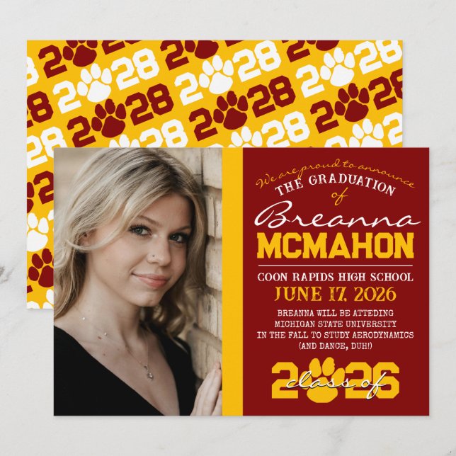 Maroon & Gold Paw Print Graduation Announcement (Front/Back)