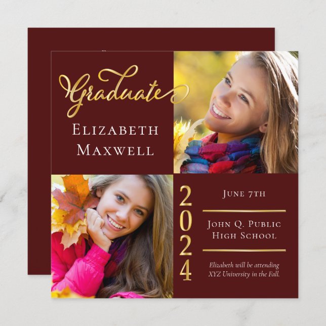Maroon Gold Photo Graduation Announcement | Party (Front/Back)