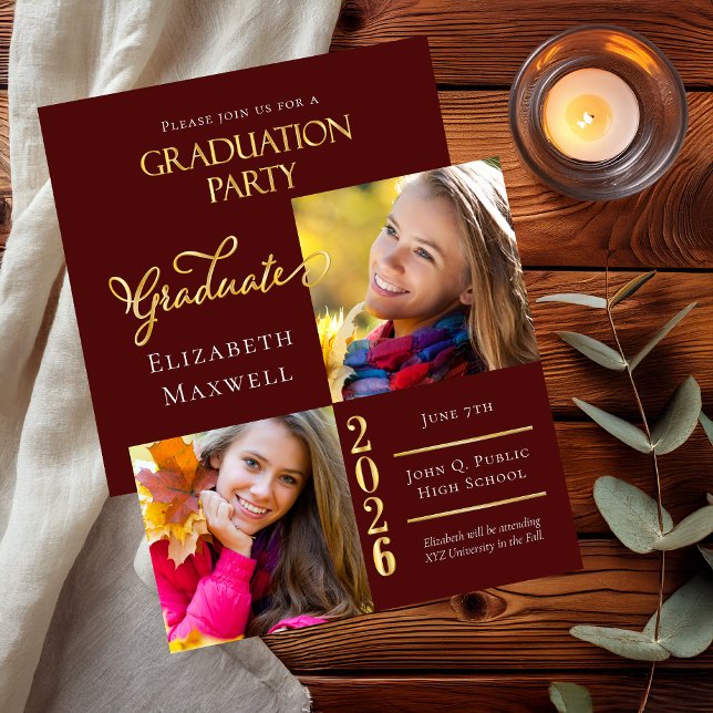 Maroon Gold Photo Graduation Announcement | Party (Elegant Maroon and Gold Tone Two Photo Collage Graduation Announcement and Party Invitation Combo)