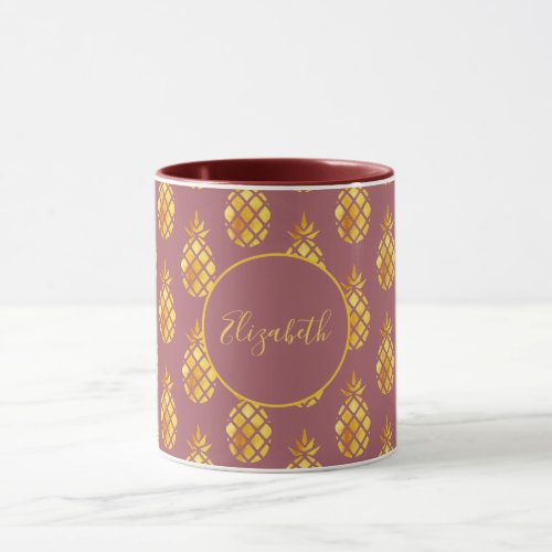 Maroon gold pineapples pattern family name mug