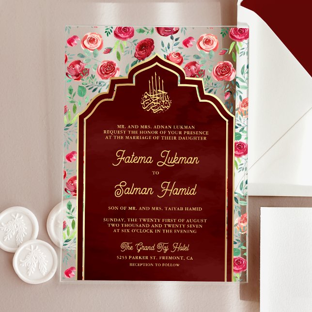 Maroon Gold Red Roses Floral Muslim Wedding Acrylic Invitations (Creator Uploaded)