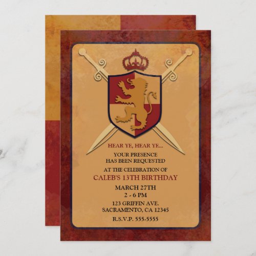 Maroon  Gold Royal Knight Griffin Shield Party Invitation