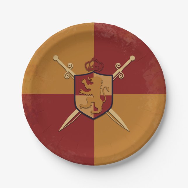 Maroon & Gold Royal Knight Griffin Shield Party Paper Plates (Front)