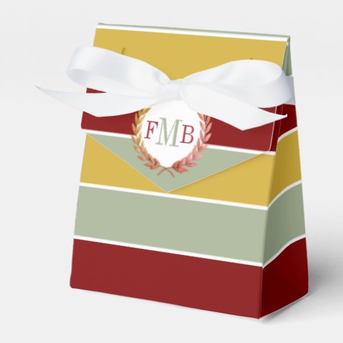 Maroon, gold sage stripes and initials wedding favor boxes