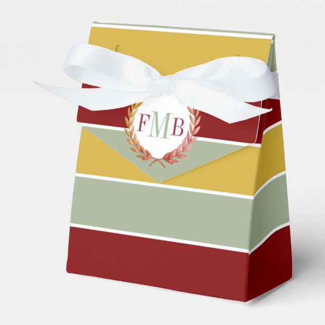 Maroon, gold sage stripes and initials wedding favor boxes (Front Side)