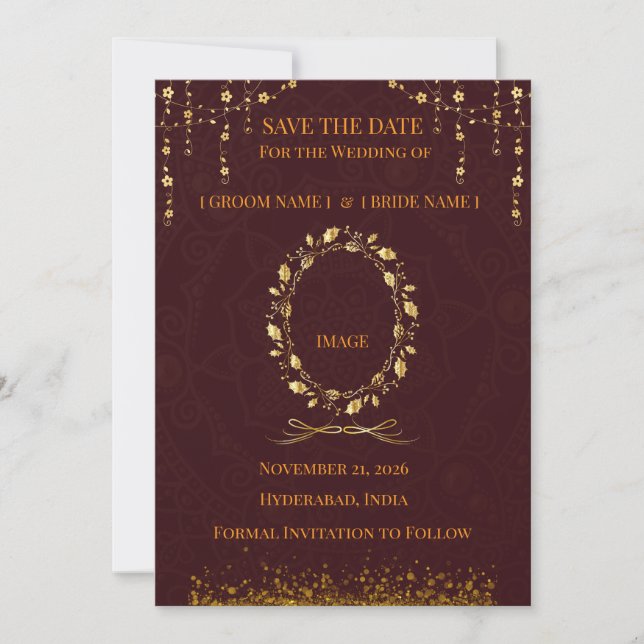 Maroon Gold Save the Date Card (Front)