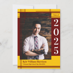 Maroon Gold School Color Graduation Photo Plaid Invitation