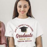 Maroon Gold Script Graduate Custom Graduation T-Shirt<br><div class="desc">These modern maroon and gold script custom senior graduate t-shirts feature your high school or college name for the class of 2025. Customize with your graduating year under the chic handwritten script and black grad cap for a great personalized graduation party tee.</div>