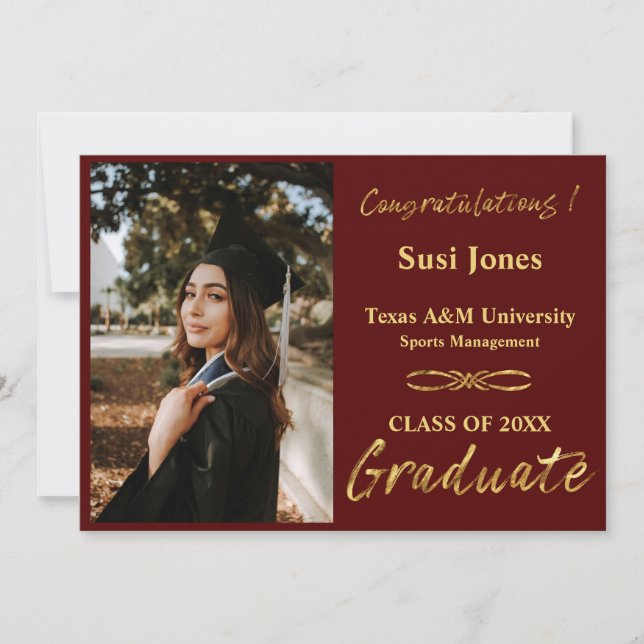 Maroon Gold Script Graduation Announcement (Front)