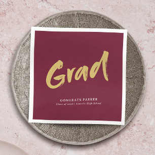 Maroon Gold Simple Modern Brush Script Graduation Napkins