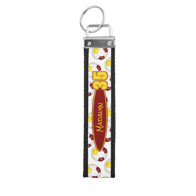 maroon gold soccer balls pattern athlete name wrist keychain (Keys on Top)