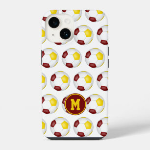 maroon gold soccer balls pattern monogrammed iPhone 14 case