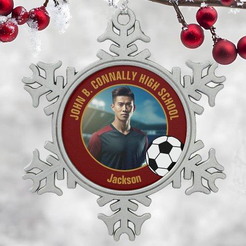 Maroon Gold Soccer Player Photo High School Snowflake Pewter Christmas Ornament