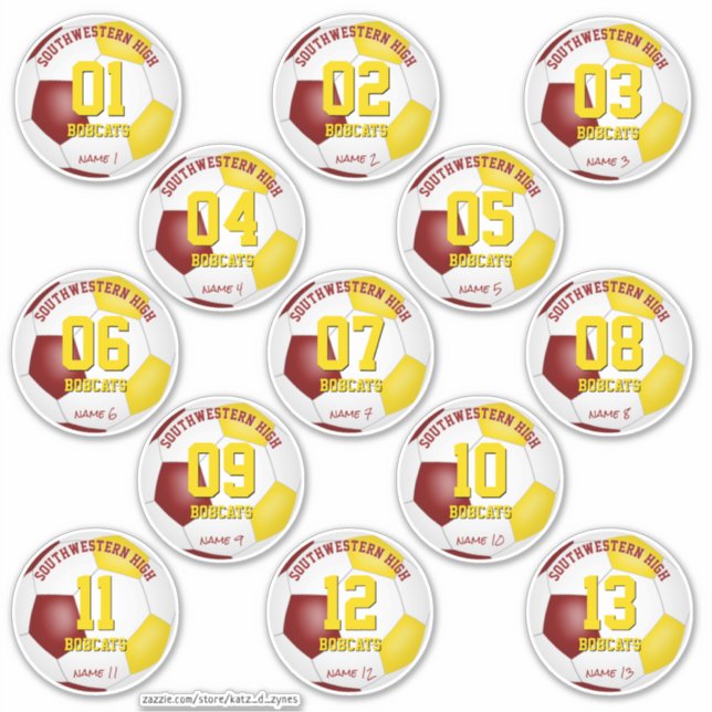 Maroon gold soccer team gift ideas set of 13 sticker (Front)