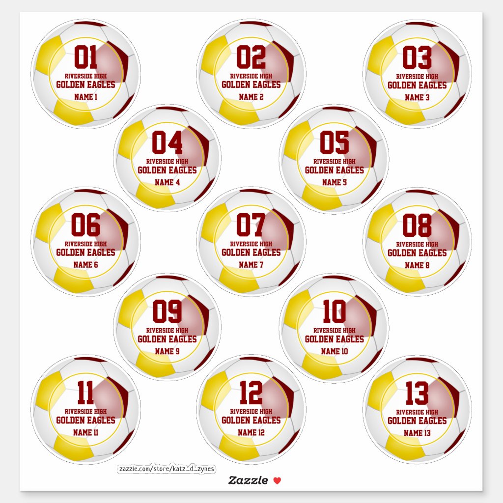 Maroon gold soccer team party favors set of 13 custom stickers