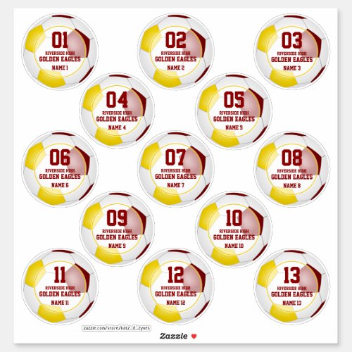 Maroon gold soccer team party favors set of 13 sticker