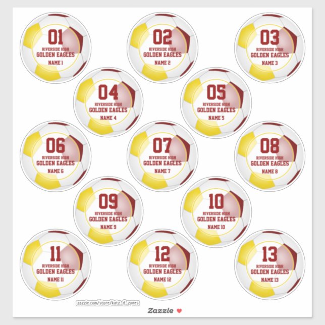 Maroon gold soccer team party favors set of 13 sticker (Sheet)