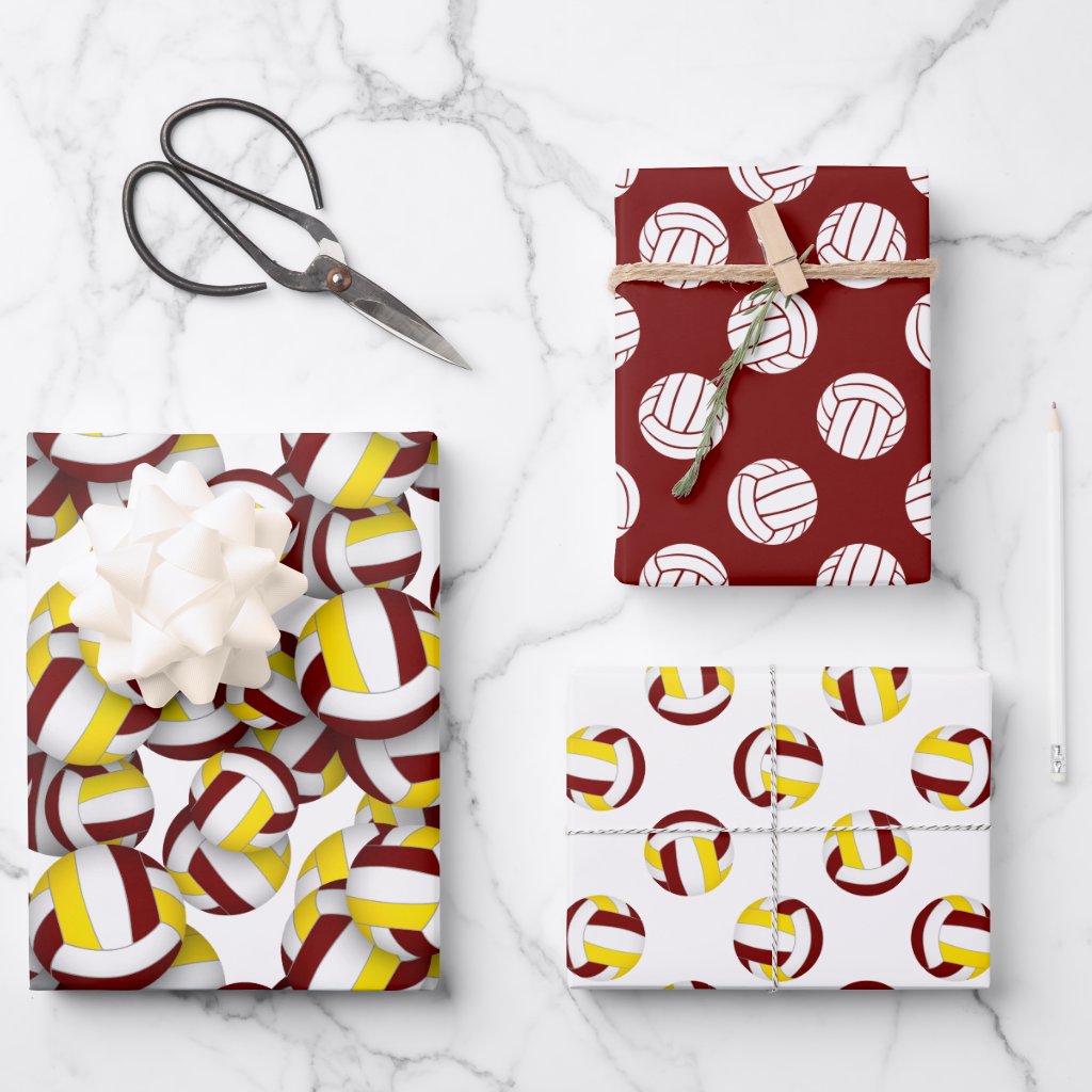 Maroon gold sports coordinating colors volleyballs pattern gift wrapping sheets