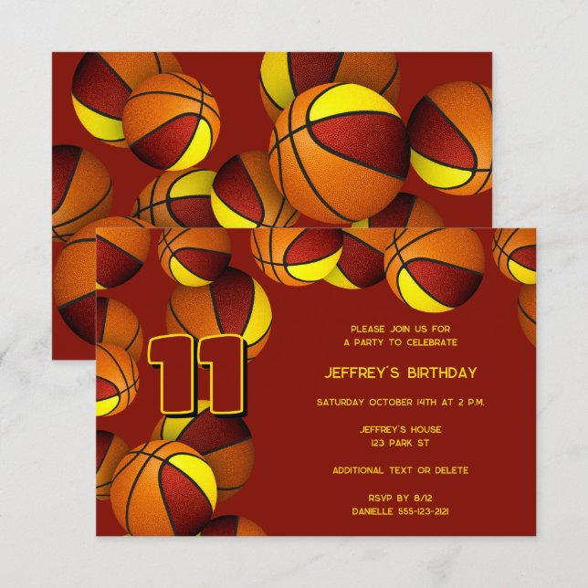 maroon gold team colors basketballs birthday invitation (Front/Back)