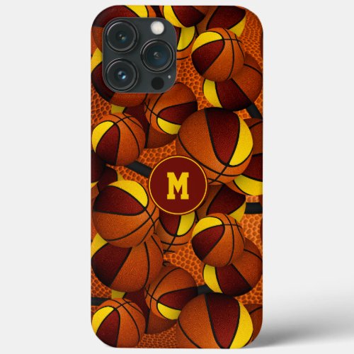 Maroon gold team colors basketballs pattern iPhone 13 pro max case