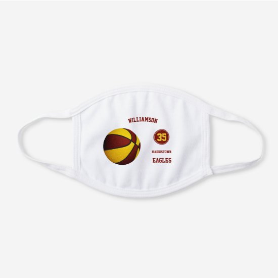 maroon gold team colors boy girl basketball player white cotton face mask